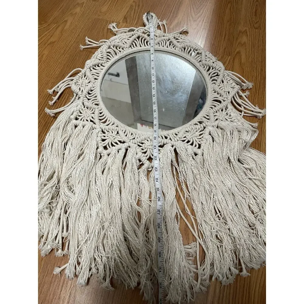 Ivory White crochet macrame boho hanging circular mirror decor